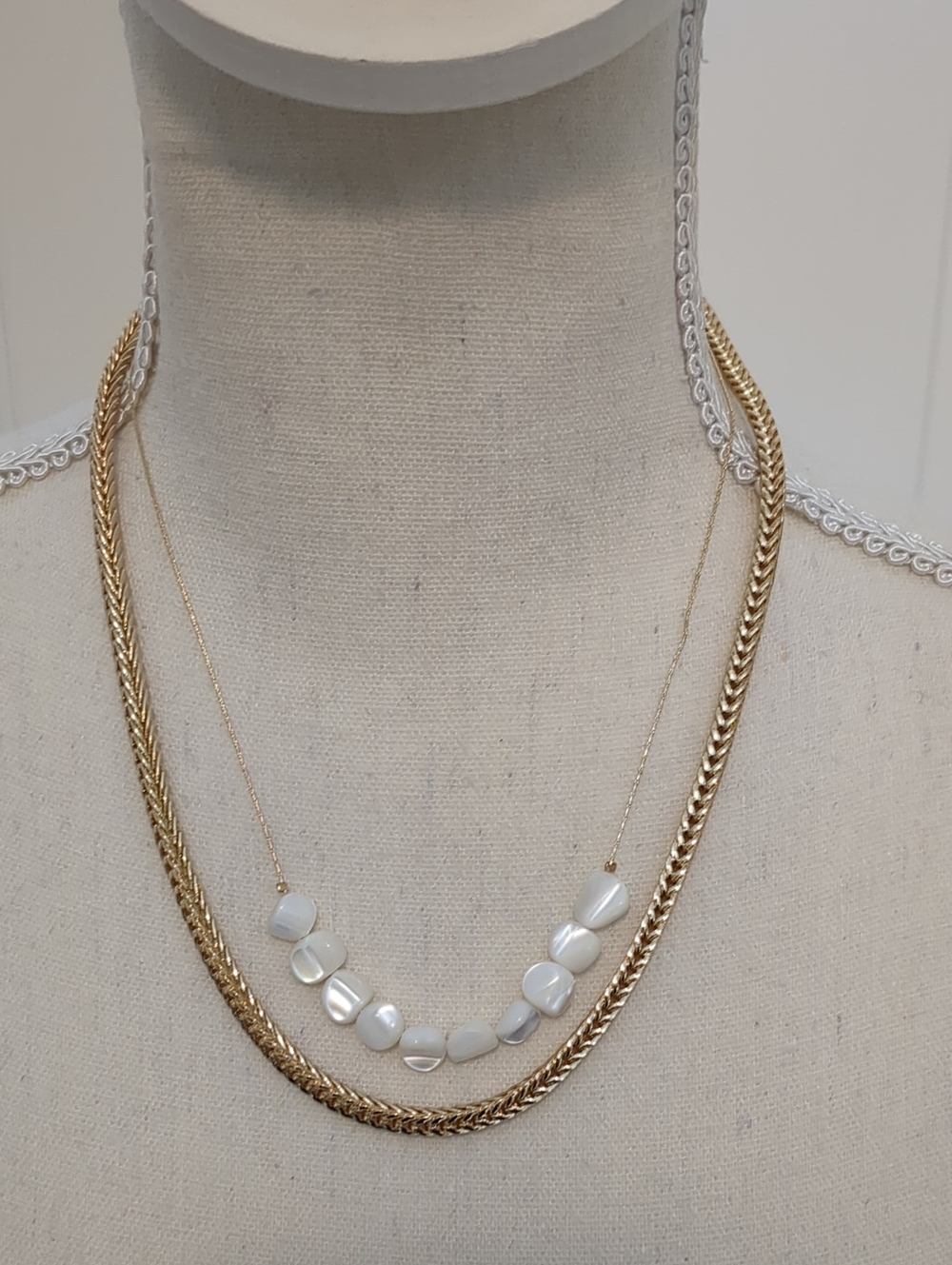 Gold Double-Layer Necklace with White Bead Accents